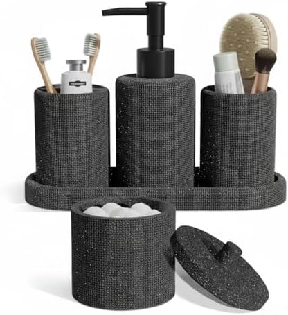 Clara Clark Bathroom Set - Coal Black Bathroom Accessories Set, 5PC Bathroom Accessory Set, Bathroom Sets with Soap Dispenser, Toothbrush Holder, Tumbler, Cotton Swab Jar & Vanity Tray