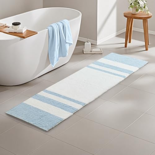 Madison Park Spa Cotton Bath Rug Non-Slip Absorbent Striped, 24 x 72, Blue