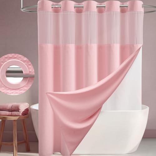 Dynamene Pink Hook Free Waffle Shower Curtain & Snap-in Fabric Liner,72x75