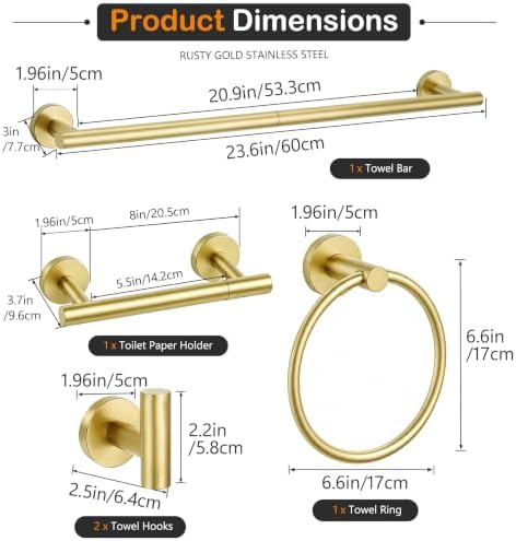 5 Piece Brushed Gold Bathroom Hardware Accessories Set, 24" Towel Bar Set