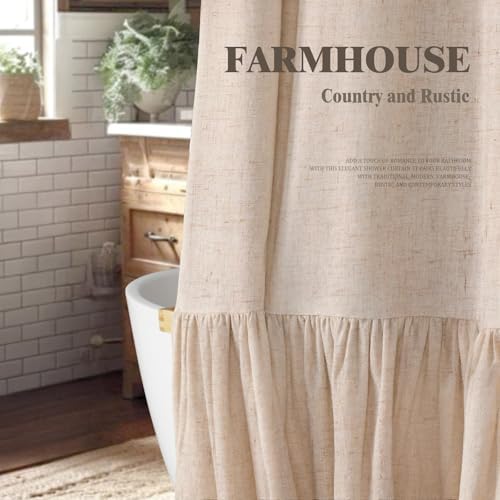 Farmhouse Shower Curtain Ruffle Linen Beige 72" W x 78" L