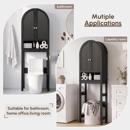 HMstone Over The Toilet Storage Cabinet, Arched Bathroom Organizer and Storage with Doors and Adjustable Shelf, Space-Saving Freestanding Bathroom Modern Storage Cabinet Over Toilet (Black)