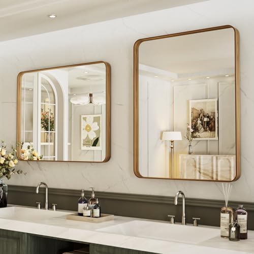 LOAAO 24X36 Inch Bathroom Mirror with Wood Grain Colored Metal Frame