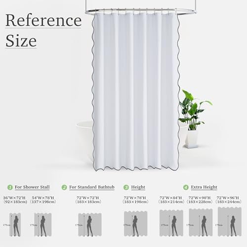 KGORGE White Scalloped Bathroom Shower Curtain Linen Textured, Boho Farmhouse Home Decor Privacy Waterproof for Bathtub Machine Washable, Pure White, 72 x 72 inches Long, 12 Hooks Included