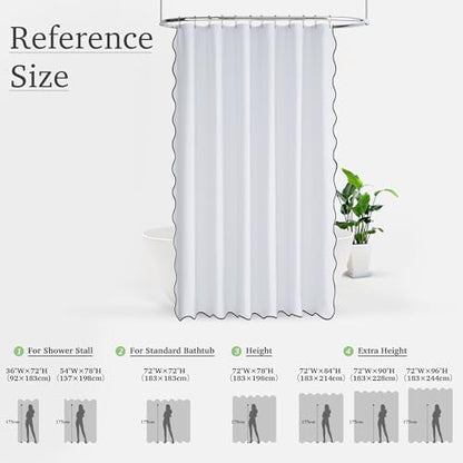 KGORGE White Scalloped Bathroom Shower Curtain Linen Textured, Boho Farmhouse Home Decor Privacy Waterproof for Bathtub Machine Washable, Pure White, 72 x 72 inches Long, 12 Hooks Included