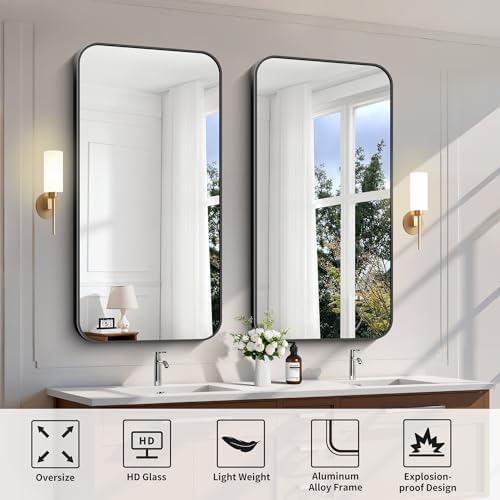FORBATH Bathroom Mirror 48" x 24", Rectangle Black Narrow Bathroom Mirror with Black Aluminum Frame Rounded Corner, Wall Mounted Mirror for Bedroom Entryway Living Room