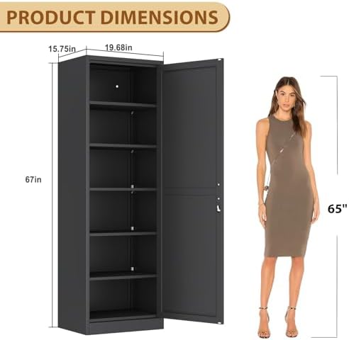 Tall Metal Narrow Bathroom Storage Locker Cabinet 67" H, Black Kitchen Pantry Cabinets,File Cabinet Organizer with 5 Adjustable Shelves and Lockable Doors for Kitchen Home Office Living Dining Room