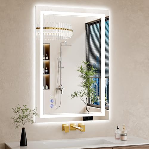 26"x38" Bathroom Mirror with Lights, Anti-Fog, Backlit + Front Lit, Dimmable, Led Vanity Mirror for Wall, Lighted Bathroom Mirror, 3 Colors, Shatter-Proof Tempered Glass