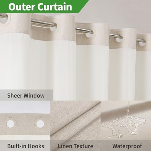 eachope No Hook Linen Texture Shower Curtain with Snap-in Liner,71x92 Cream