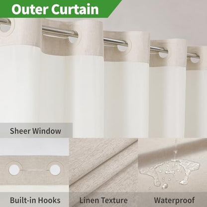 eachope No Hook Linen Texture Shower Curtain with Snap-in Liner,71x92 Cream