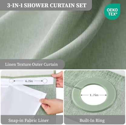 BTTN Sage Green Ringless Linen Look Shower Curtain with Snap in Liner 72x75