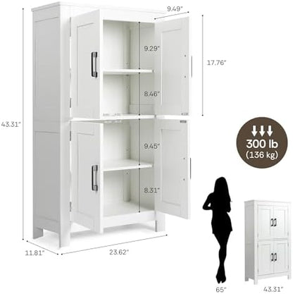 VUSIGN Bathroom Floor Cabinet, Farmhouse Storage Cabinet with 4 Doors, Adjustable Shelves, Modern Freestanding Storage Unit, Versatile Cupboard for Kitchen Living Room, Dining Room, Entryway, White