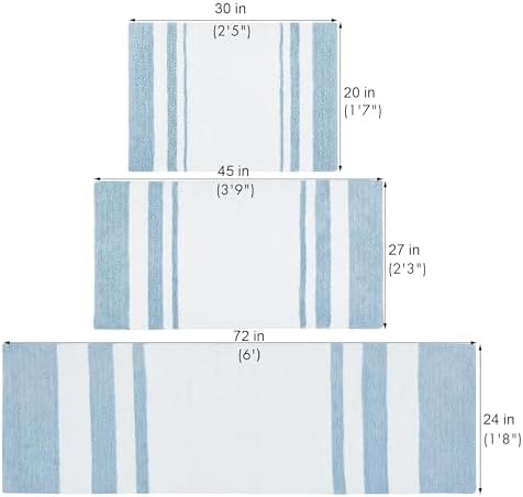 Madison Park Reversible Spa Rug 100%-Cotton Striped Ultra Soft Water Fast Bath Non-Slip Absorbent Quick Dry Mats for Tub, Shower Room, and Bathroom, 20"x30", Blue (MP72-6210) (Pack of 2)