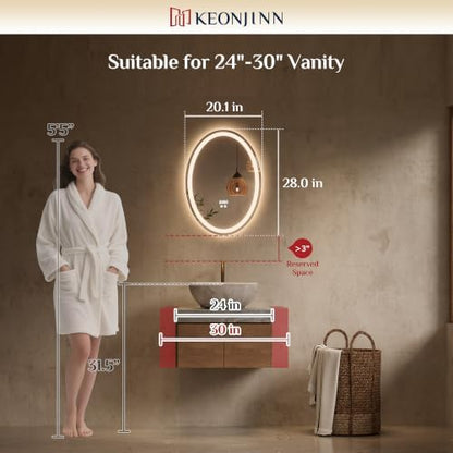 Keonjinn 20" x 28" Oval LED Bathroom Mirror with Frontlit and Backlit