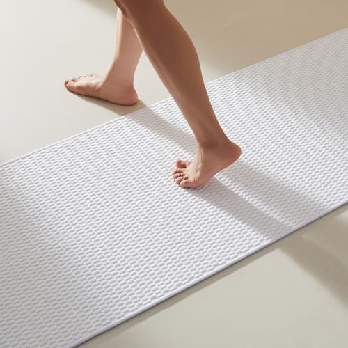 TYUU Bathroom Runner Rugs, Long Bath Mat Runner Washable Thin Quick Dry Low Pile Bathroom Runner Rugs Non Slip, White 16"x60"