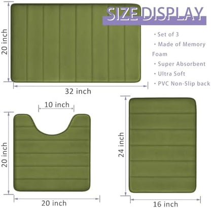 RUN HELIX Sage Green Bathroom Rugs Sets 3 Piece Memory Foam Non Slip Bath Mats for Bathroom Floor and U-Shaped Contour Toilet Rug, Soft Washable Bathrom Sets Mats and Rugs Sets for Toilet Shower Sink