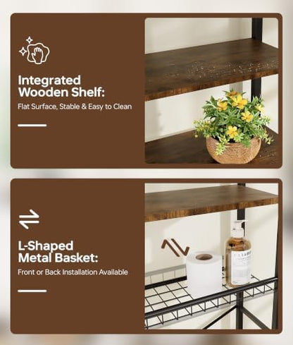 4-Tier Over-the-Toilet Storage Rack with One-Piece Wooden Shelves & Open Net Basket, Bathroom Organizer with Adjustable Feet & Anti-Tip Kit, Space-Saving Toilet Shelf, Brown, 24.4" x 9.4" x 69.3"