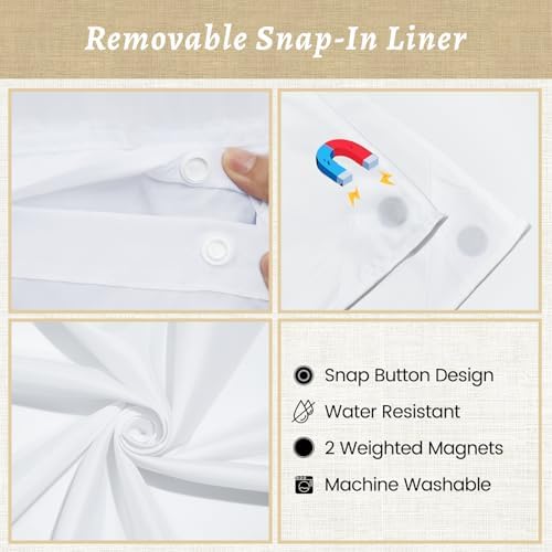 WONICY No Hook Linen Look Shower Curtain with Snap-in Liner, White, 71 x 86