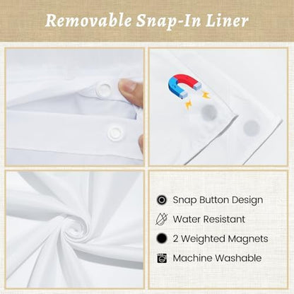 WONICY No Hook Shower Curtain with Liner for Bathrooms, White, 71 x 74