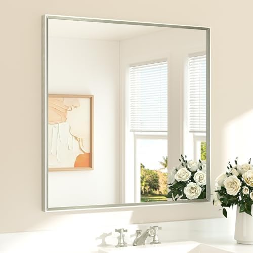 TETOTE Brushed Nickel Bathroom Mirror for Over Sink 36" x 36" Brushed Nickel Beveled Framed Rectangle Vanity Mirror for Bathroom, Bedroom, Entryway, Living Room, Tempered Glass, Stronger Frame