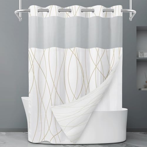 LXBNI Beige Khaki No Hook Shower Curtain with Liner, 71 x 74 Inch