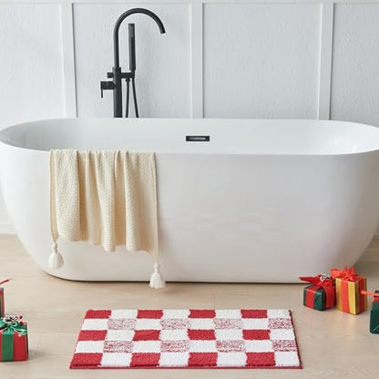 CozeCube Christmas Red Checkered Bath Mat 32"x20" Non Slip Washable Rug