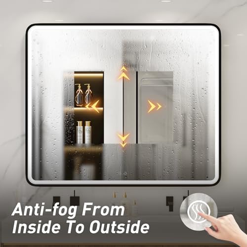 LED 43x36 Inch Lighted Bathroom Mirror,Black Frame,3 Color