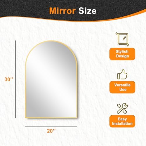 Delma Arched Bathroom Mirror, Gold, 20"x30"