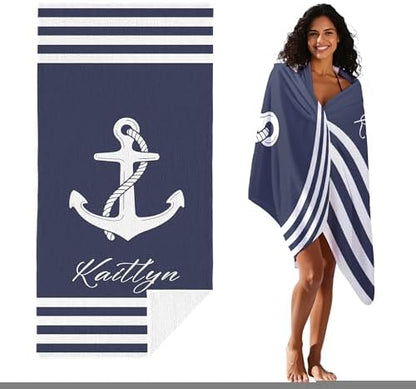 JML Personalized Beach Towel with Name, Custom Anchor Beach Towel, Customized Microfiber Pool Towel, Quick Dry & Absorbent Swim Towel for Adult,Anniversary, Birthday, Summer Holiday,Vacation