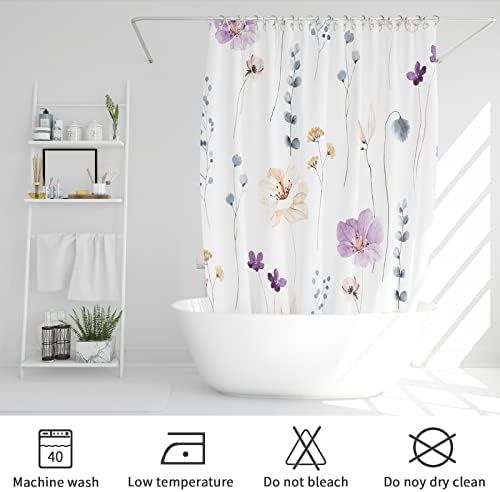 Gibelle Purple Beige Watercolor Floral Fabric Shower Curtain, 72x84