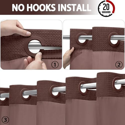 No Hook Shower Curtain with Liner Set Hotel Waffle Curtain Brown 72W X 75L