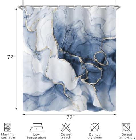 Blue Marble Shower Curtain Modern Abstract Luxury Gold Ink Texture Gray Ombre Watercolor Bathroom Curtain Set with Hooks Soft and Lightweight Waterproof Fabric Machine Washable 72" Wx72 L