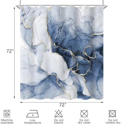 Blue Marble Shower Curtain Modern Abstract Luxury Gold Ink Texture Gray Ombre Watercolor Bathroom Curtain Set with Hooks Soft and Lightweight Waterproof Fabric Machine Washable 60" Wx72 L
