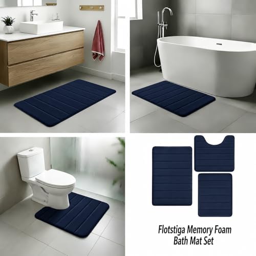 Memory Foam Bath Mat Set 3 Piece，Super Soft Absorbent Bathroom Rug Non Slip, Quick Dry,Machine Wash, Perfect Plush Bathroom Rugs,Home Decor Accessories,Navy Blue