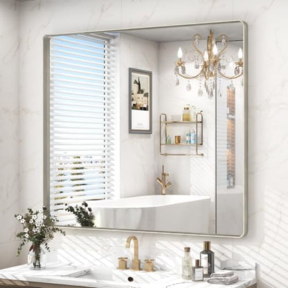 40x36 Inch Brushed Nickel Bathroom Mirror, Brushed Silver Metal Framed Wall Mirror, Rounded Corner Rectangle Modern Vanity Mirror, Tempered Glass, Anti-Rust, Shatterproof (Horizontal/Vertical)