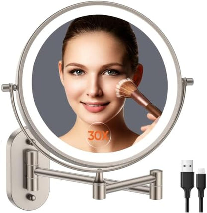 5000mAh Rechargeable Wall Mounted Lighted Makeup Vanity Mirror1X/30X Nickel