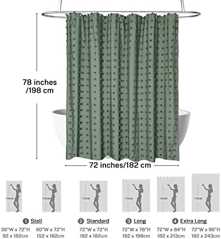 Siiluminisoy Extra Long Green Boho Shower Curtain Woven Fabric Cute Shower Curtain, 72 x 78 Tufted Pleat Floral Puffs Textured Modern Farmhouse Minimalist Shower Curtain Set with Hooks for Bathroom
