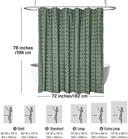 Siiluminisoy Extra Long Green Boho Shower Curtain Woven Fabric Cute Shower Curtain, 72 x 78 Tufted Pleat Floral Puffs Textured Modern Farmhouse Minimalist Shower Curtain Set with Hooks for Bathroom