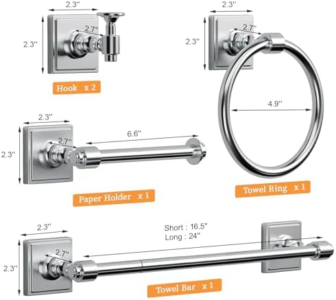 VEHCIL Polished Chrome Bathroom Towel Bar Set, 5 Piece Bathroom Hardware Accessory Set, SUS304 Stainless Steel 24" Towel Rack Holder Set for Bathroom, Wall Mounted