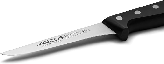 Arcos Boning Knife 5 Inch Nitrum Stainless Steel and 130 mm blade. Professional Butcher Knife to Slice Bones from Meat. Ergonomic Polypropylene Handle. Series Universal. Color Black.