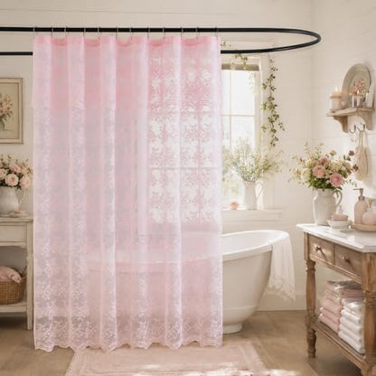 TUDECO Pink Lace Shower Curtain with Attached Valance, 72W x 84L Inch