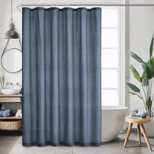 KGORGE Linen Fabric Shower Curtain Sets for Bathroom-Button Hole Waterproof Lightweight Washable Privacy Shower Curtains for Bathtub with 12 Metal Hooks, W72 x L84 inches, Navy Blue, 1 Panel