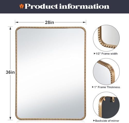 28"x36" Champagne Bronze Mirrors for Bathroom, Brass Vintage Bathroom Wall Mirror with Beaded Frame, Gold Beaded Mirror for Vanity Ornate Bedroom