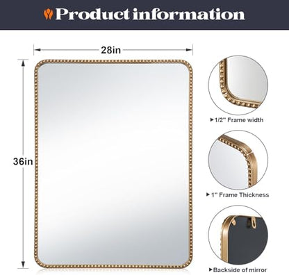 28"x36" Champagne Bronze Mirrors for Bathroom, Brass Vintage Bathroom Wall Mirror with Beaded Frame, Gold Beaded Mirror for Vanity Ornate Bedroom
