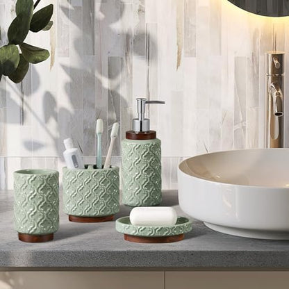 RQYIXI Ceramic Bathroom Accessories Set,Sage Green,6 Piece,Embossed Design