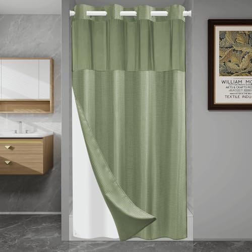 No Hook Waffle Shower Curtain with Snap in Liner Set, 54x80, Sage Green
