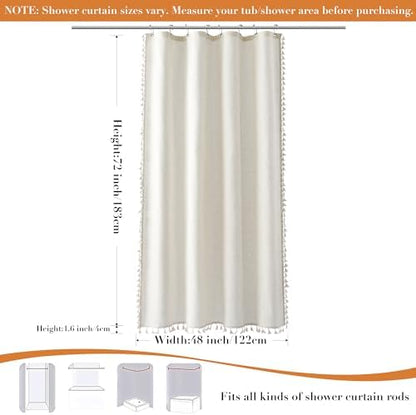 Nanspring Stall Natural Boho Linen Shower Curtain 48 Inches Neutral French Country Curtain for Bathroom Farmhouse Weighted Tassel Shower Curtain Set with Hooks Modern Vintage Style Decor 48x72, Cream