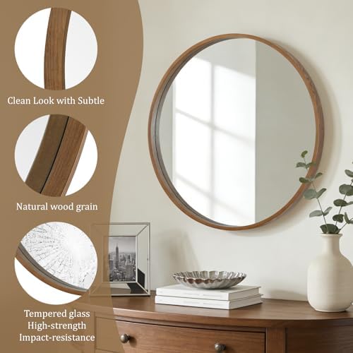 WallBeyond Circle Mirror with Wood Frame, 28" Round Modern Decoration Large Home Decor Mirror for Bathroom Living Room Bedroom Entryway (28" Diameter, Walnut)