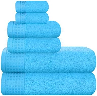 GLAMBURG 100% Cotton Ultra Soft 6 Pack Towel Set, Contains 2 Bath Towels 28x55 Inches, 2 Hand Towels 16x24 Inches & 2 WashCoths 12x12 Inch, Compact Absorbent Lightweight & Quickdry - Turquoise Blue