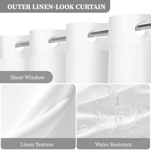 BTTN 72x87 Ringless Linen Textured Shower Curtain with Snap in Liner, White